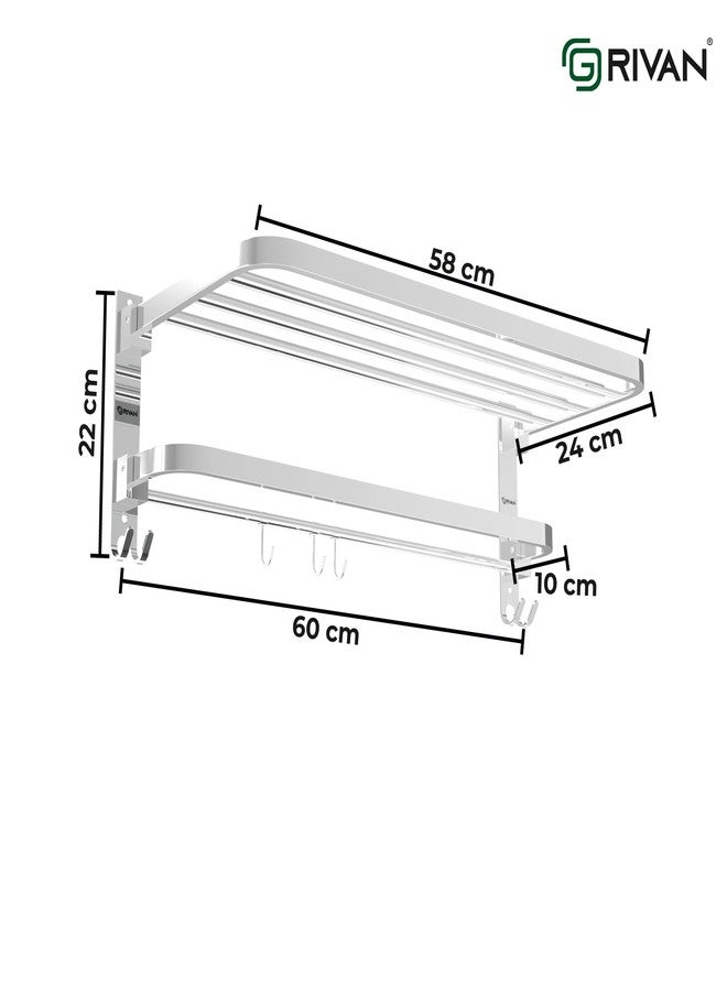 GRIVAN Stainless Steel Foldable Towel Rack with Hooks | Bathroom Towel Holder, Cloth Hanger Stand | Bathroom Accessories Set (Silver Chrome, 24x10 Inch) - Image 2